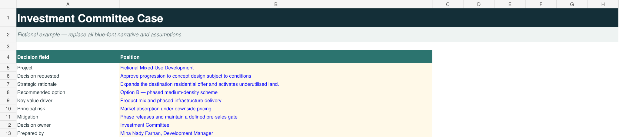 Actual workbook preview for investment-committee-decision-pack.xlsx